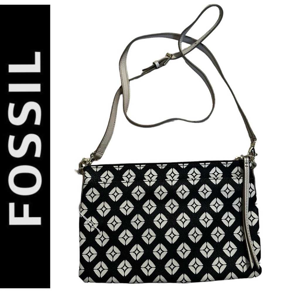 Fossil Crossbody Purse Leather & Canvas Zip Diamond Pattern Black & Cream